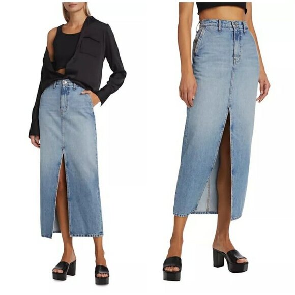 💕DEREK LAM 10 CROSBY Lu High Rise Denim Maxi Skirt Sutton Vintage Blue 28 NWT - Picture 3 of 16